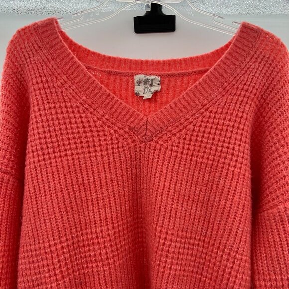 Hippie Rose Knit Sweater Coral Size Medium V-Neck Long Sleeve Tie Hem - Picture 2 of 10